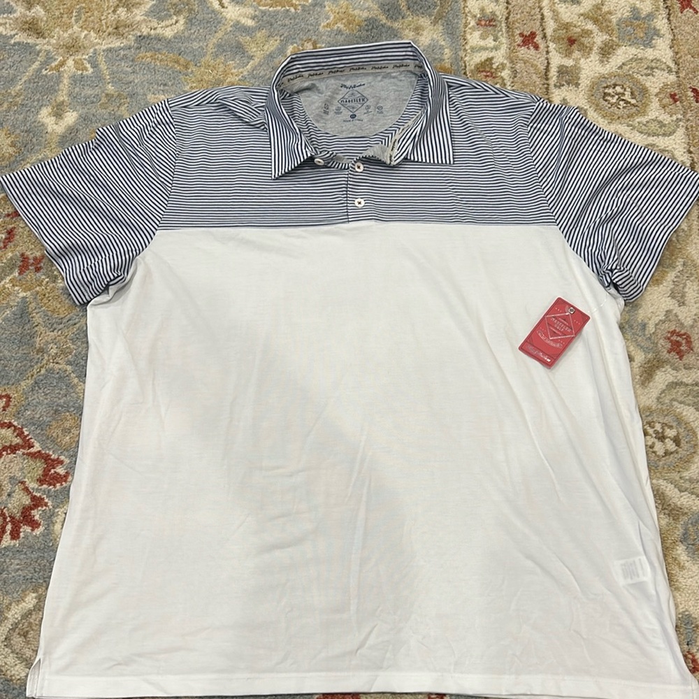flag & anthem blue & white stripe with white polo, XXL, brand new w/ tags